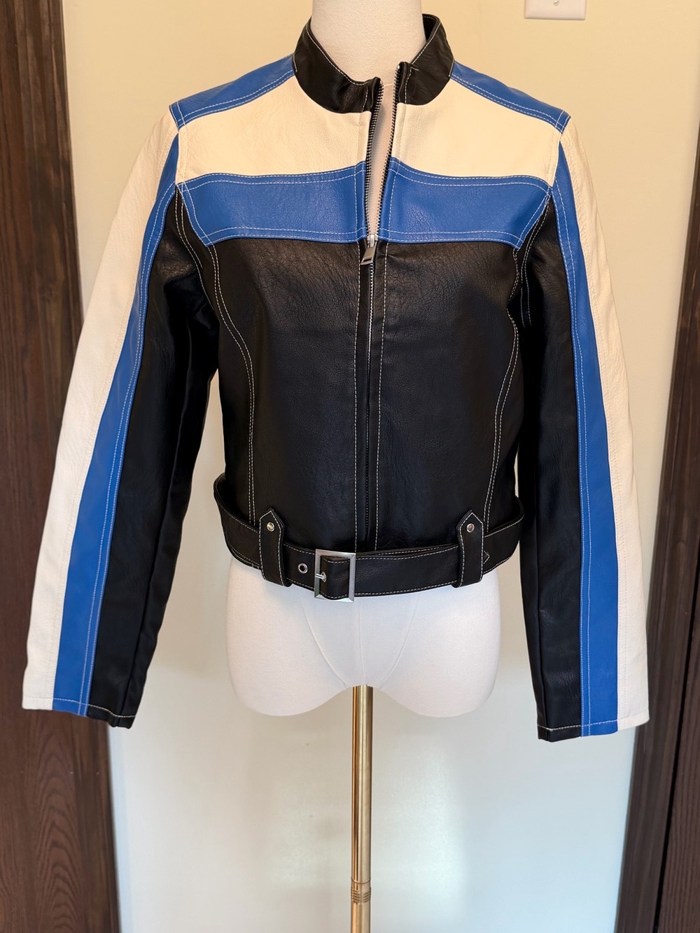 Urban Outfitters Black, Blue & White Leather Moto Jacket